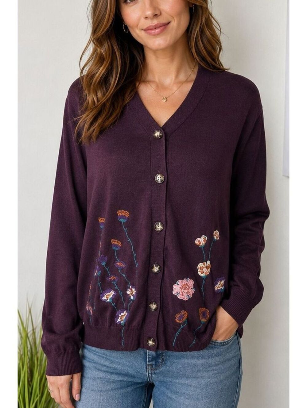 YAL New York Womens Plum Floral Embroidered Cardigan Sweater Plus Size